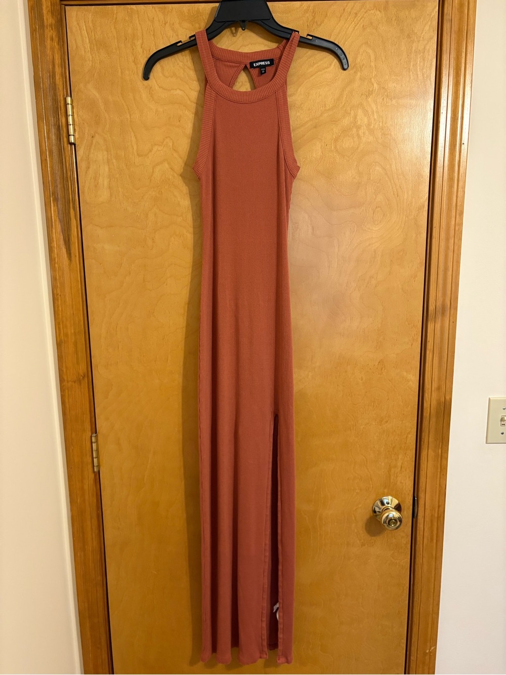 Express Rust-Colored Sleeveless Ribbed Maxi Dress with Side Slit